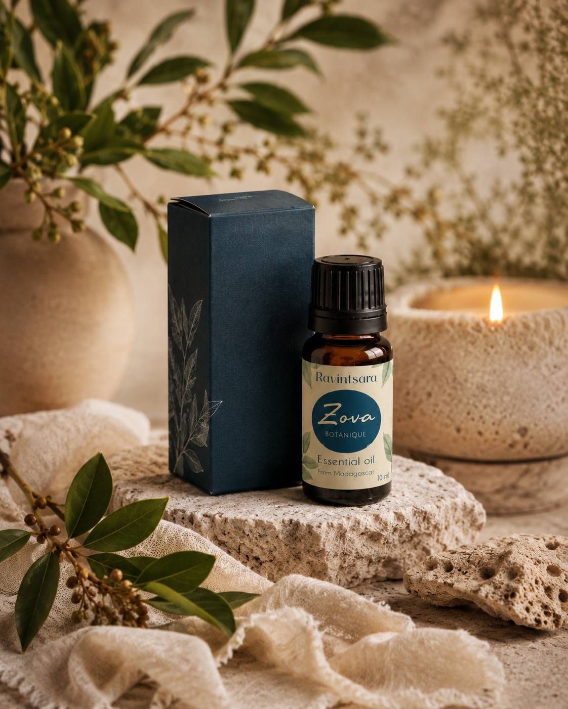 Zova Ravintsara essential oil bottle in warm daily ritual setting