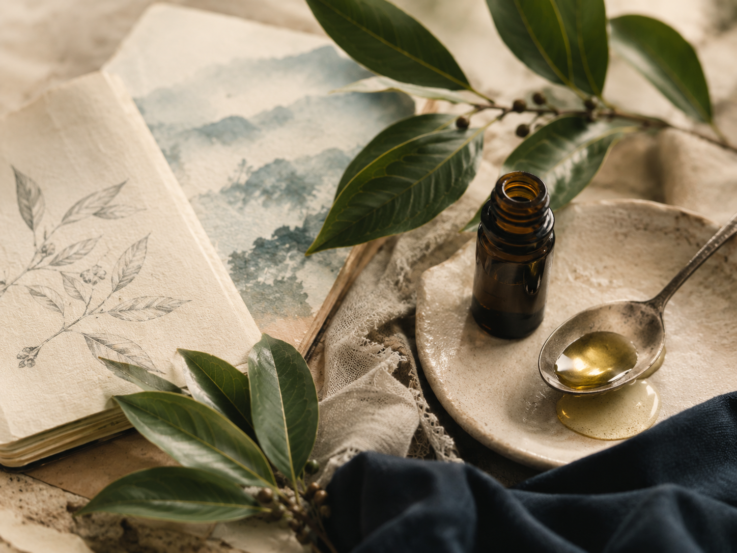 Ravintsara botanical oil still life with leaves and amber bottle