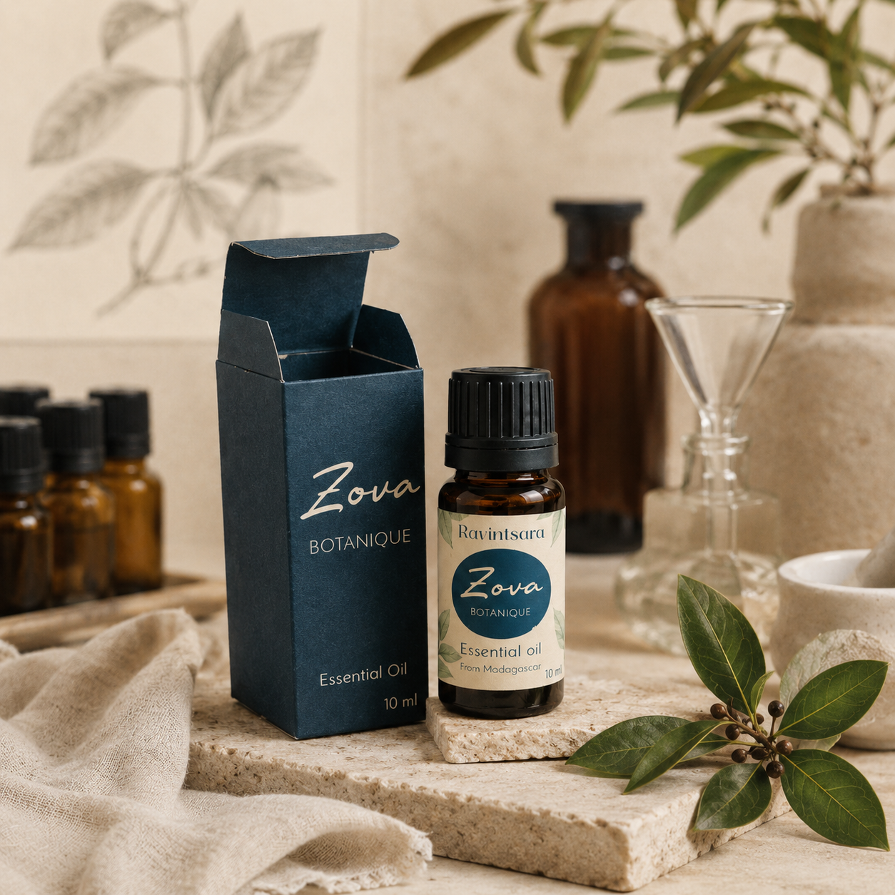 Zova Ravintsara bottle and packaging in bottling scene