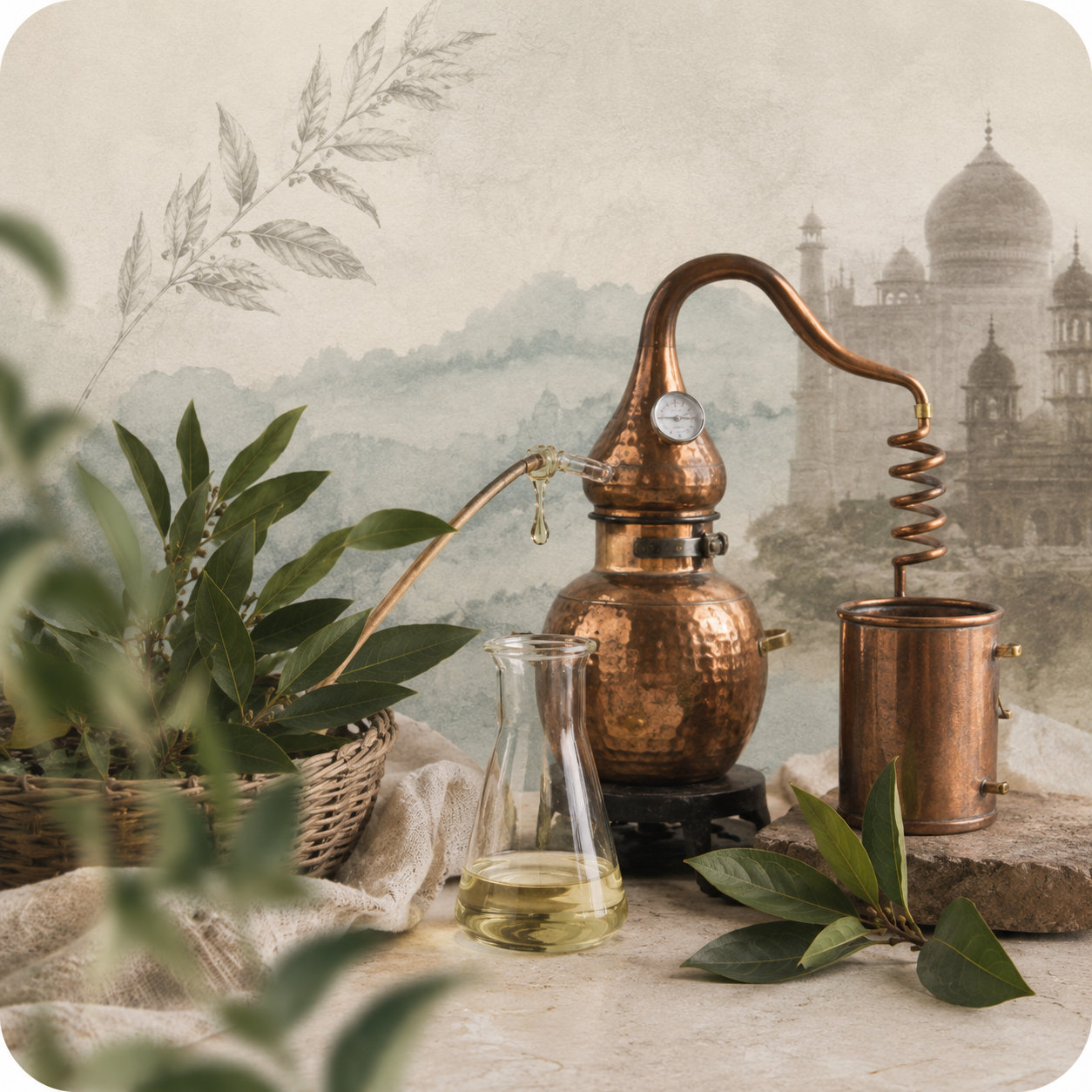 Essential oil distillation setup with Ravintsara leaves