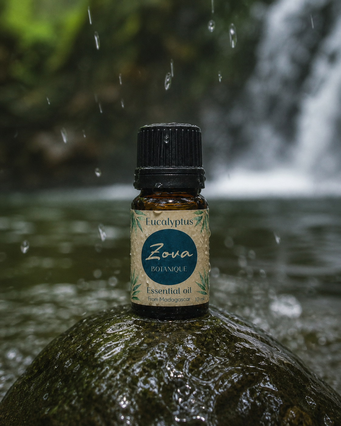 Eucalyptus essential oil bottle in the rain.