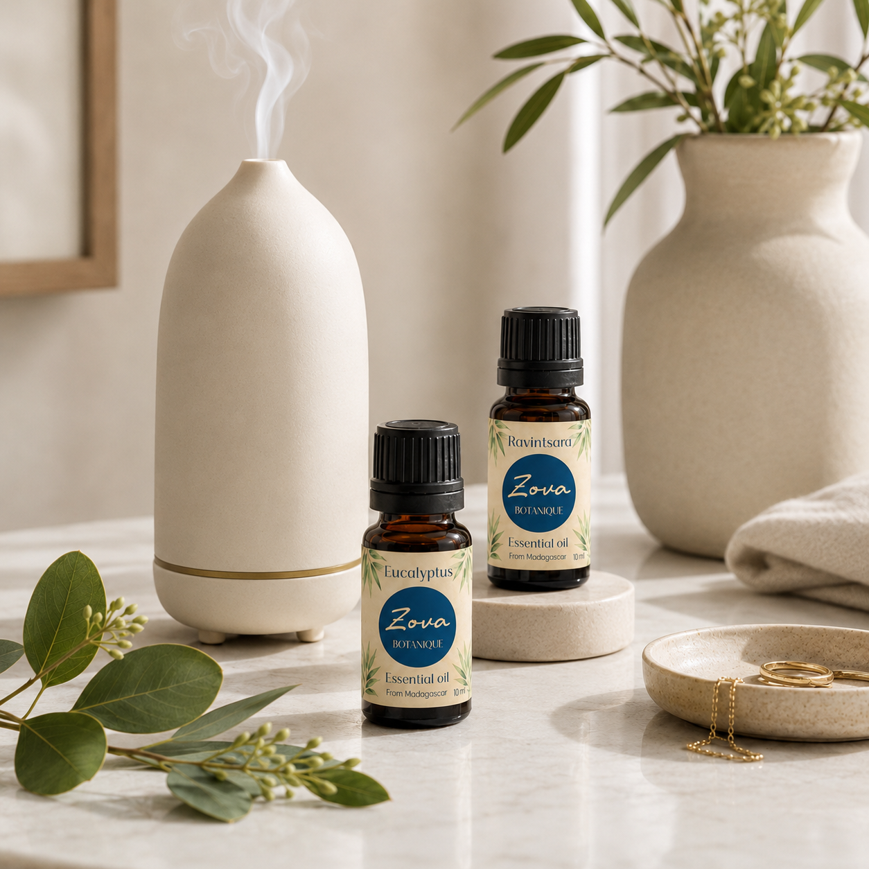 Zova essential oils beside a diffuser in a clean aromatic ritual setting