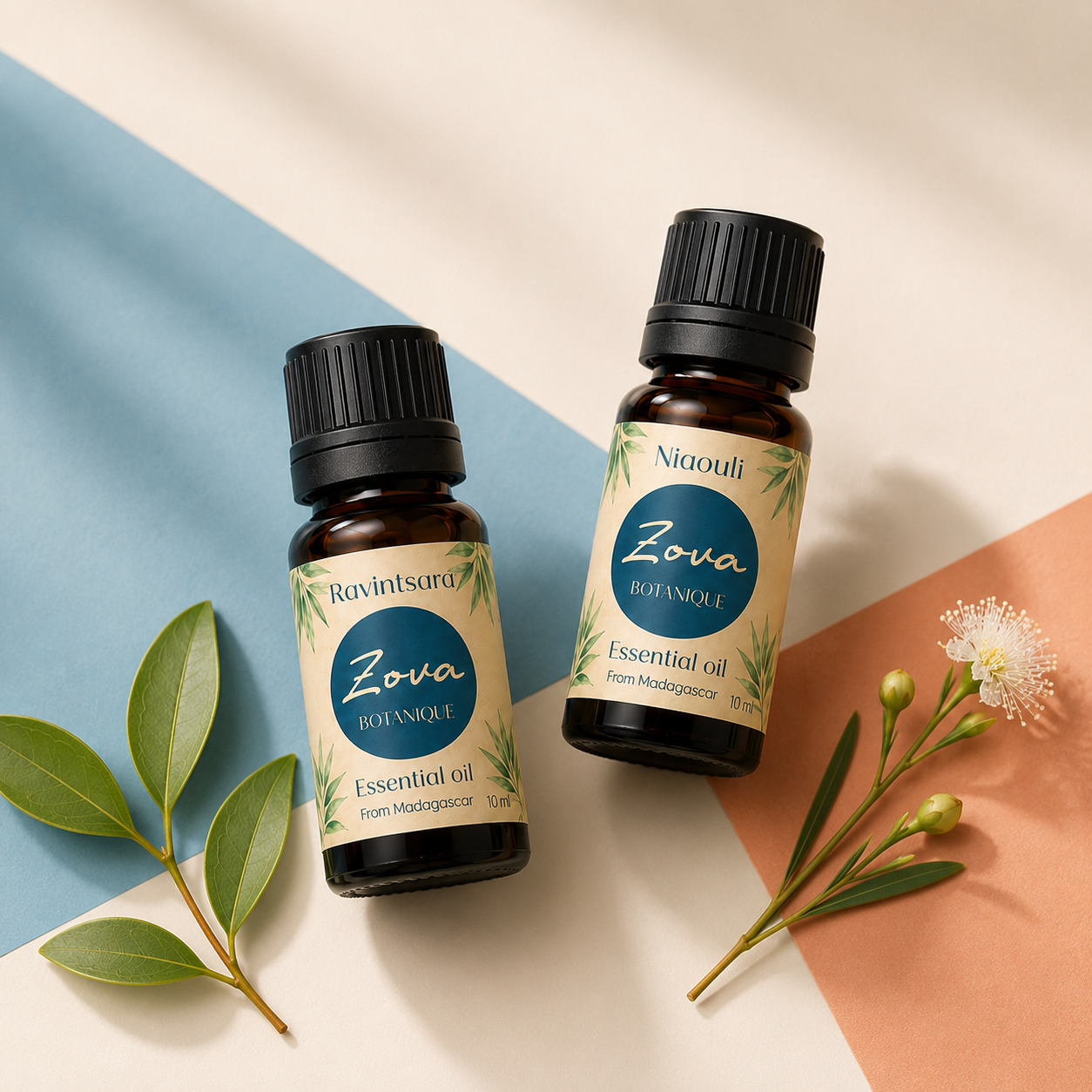 Zova Pack of 2 essential oils on pastel botanical background