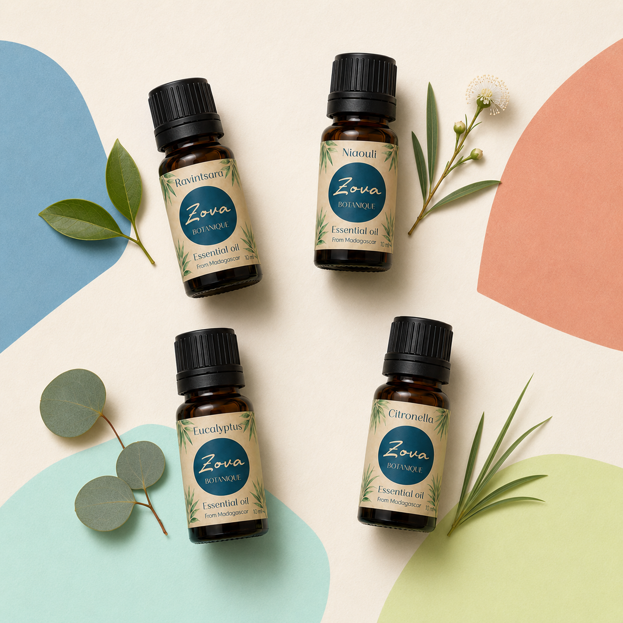 Zova Pack of 4 essential oils collection with botanical elements