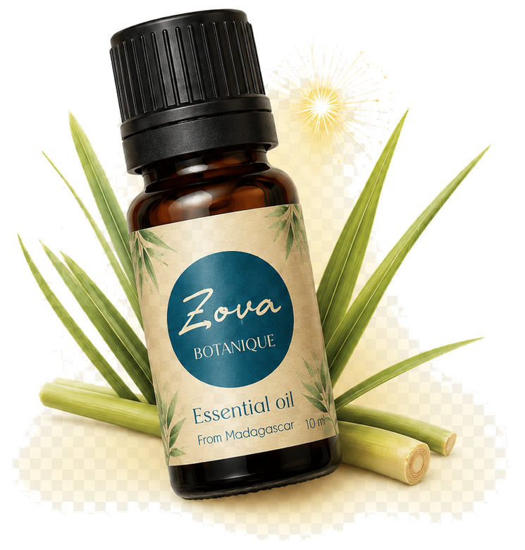 Citronella essential oil with bright lemongrass botanical elements